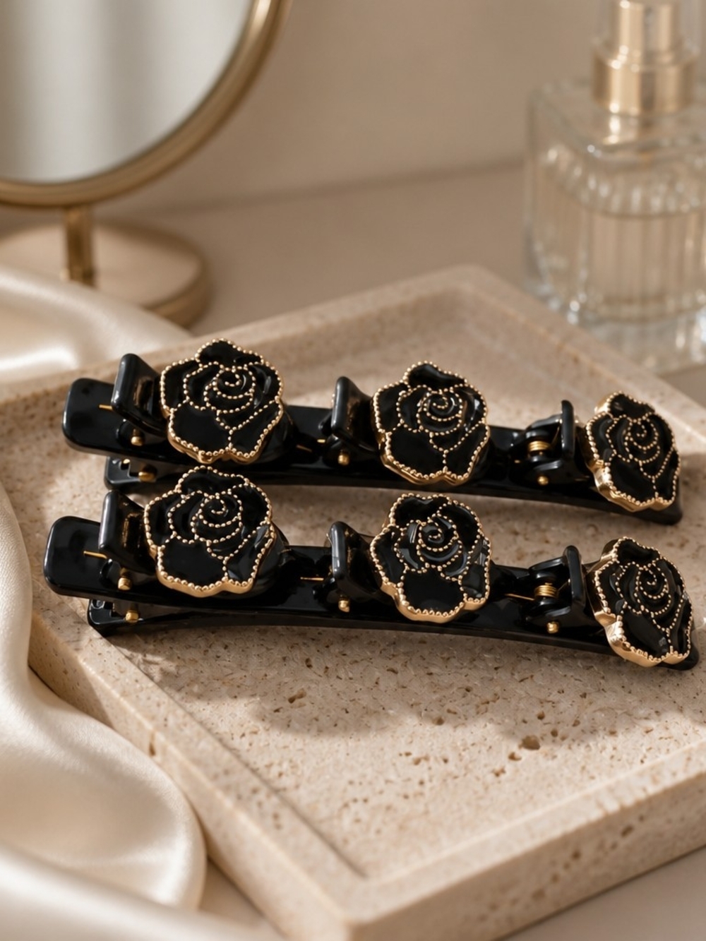 Source Unknown Black and Gold Rose Hair Clips - Women's Floral Barrette Set